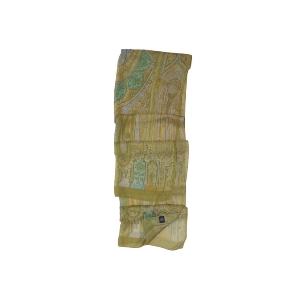 ETRO MILANO Green Paisley Print Silk Blend Scarf ITALY 68"/ 22” EX COND